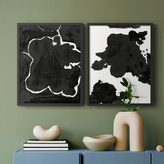 Renditions Gallery Set of 2 Peel & Stick Framed Prints, Fluid Abstract Wall Art, Black and White Inkblot Wall Decor, Re-Stickable - Ready to Hang - 22"x28" - Black Frame LT588