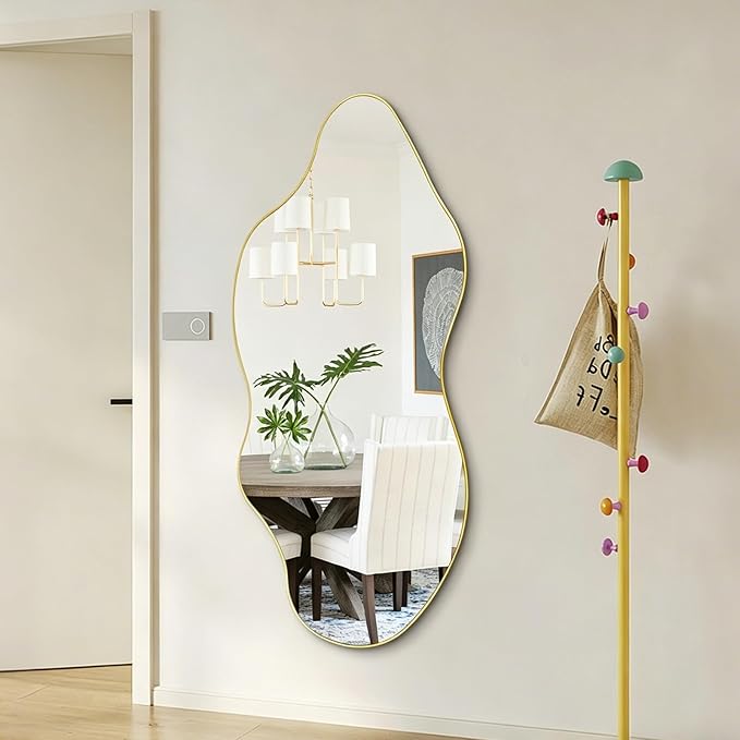 Irregular Frameless Wall Mirror, 47.2"x21.6" Gold Asymmetrical Mirror, Modern Organic Aesthetic Mirror for Living Room Bathroom Bedroom Hallway Entryway, Hangs Vertically or Horizontally