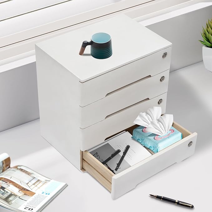 Desktop File Organizer with Lock, 2/3/4 Tier Multi-Drawer Wooden Storage Cabinet, Office Supply Organizer for Home Desk, Study & Workplace (White, 4 Layers)