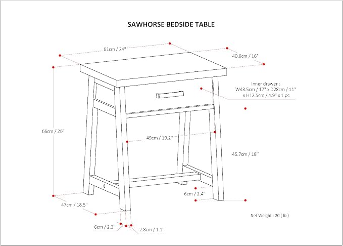 SIMPLIHOME Sawhorse SOLID WOOD 24 Inch Wide Modern Industrial Bedside Nightstand Table in Distressed Grey, For the Living Room and Bedroom