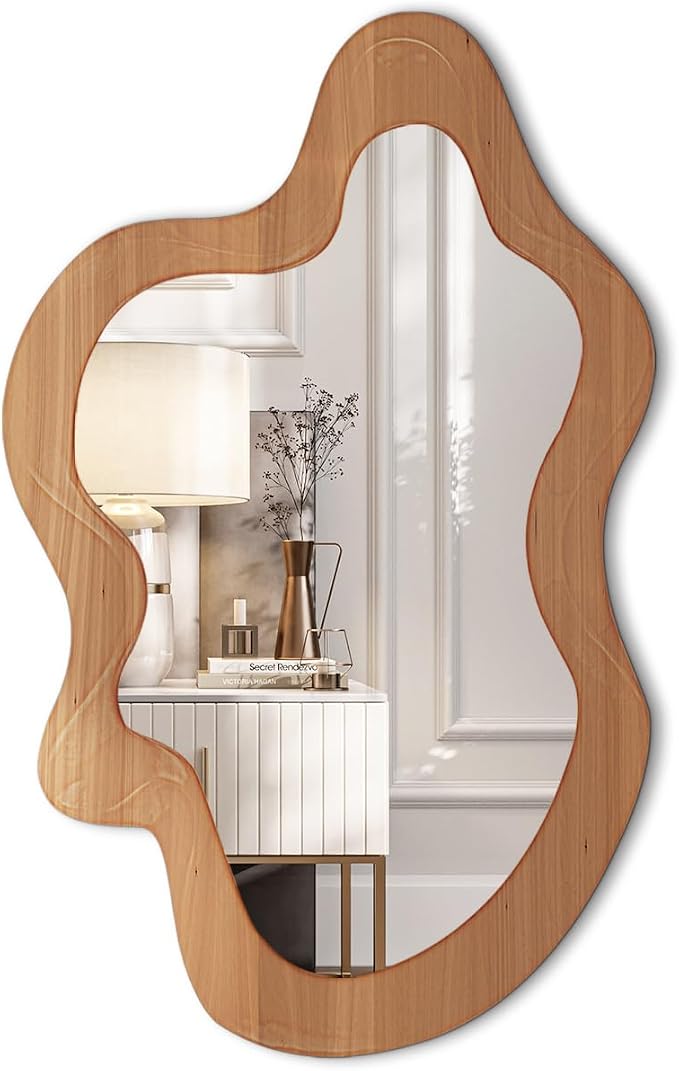 36" x 24" Irregular Wall Mirror, Wooden Framed Asymmetrical Wavy Wall Mirror for Living Room Bedroom Entryway Bathroom Modern Decorative, Hanging Hooks