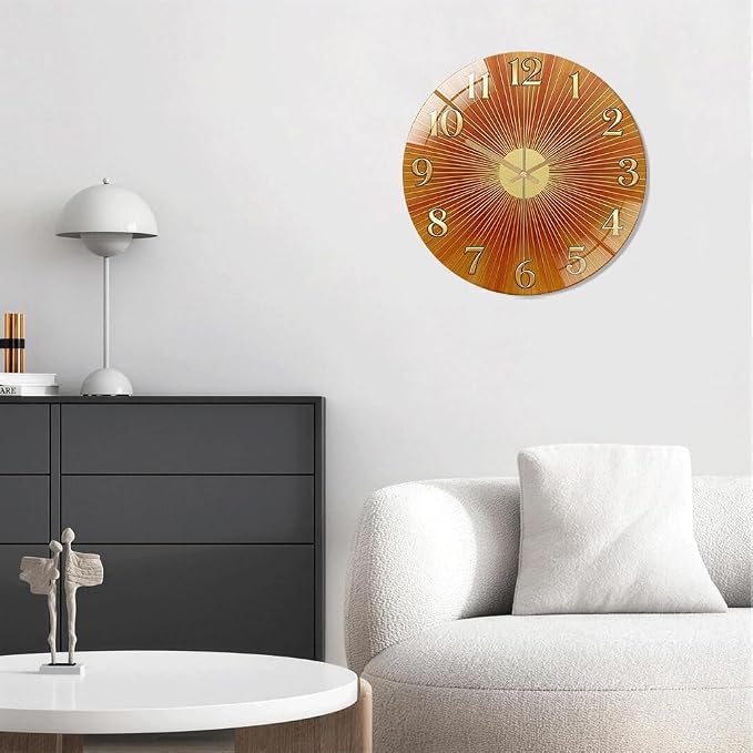 16 Inch Orange Sunburst Glass Wall Clock Silent Art Decor | Silent glossy clock with warm orange sunburst and gold numbers, accurately tracking time for your retro living room