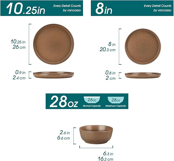 vancasso Plates and Bowls Sets, 24 Pieces Stoneware Dinnerware Set for 8, Ceramic Dish Set for Kitchen, Microwave and Dishwasher Safe, Muted Brown, Series ZERMATT