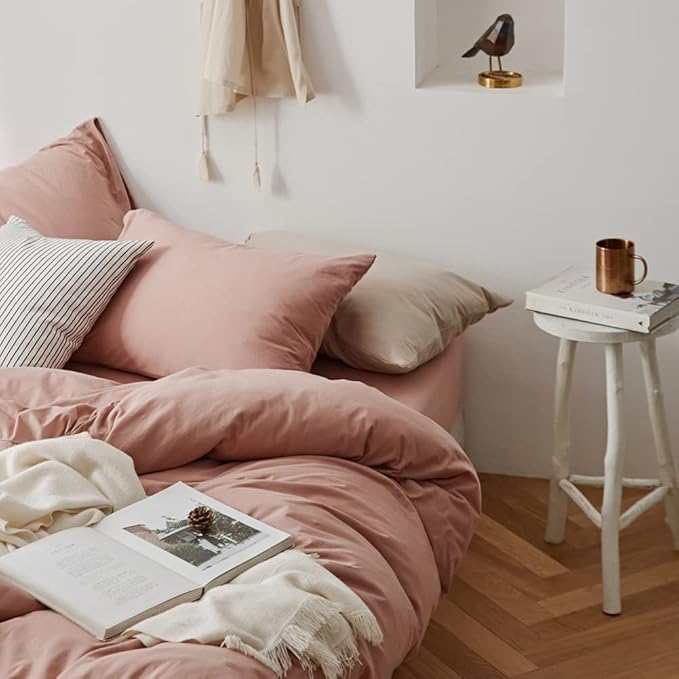 Omelas Cute Pink Duvet Cover Queen Size Blush Pink Solid Color Bedding Set Modern Minimalist Style Soft Lightweight Microfiber Comforter Cover,3pcs with Zipper Closure Corner Ties Gifts for Women Men