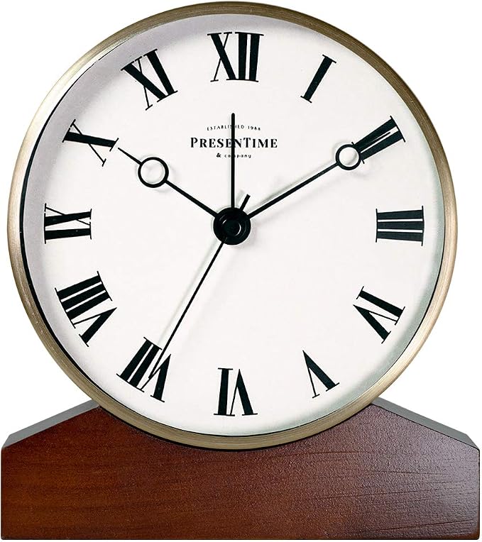 Presentime & Co Mozart Mantel Alarm Clock, Desk and Shelf Clock, Tabletop Decoration, 6 x 5.5 inch, Silent no Ticking, Wooden Base, Walnut Finish, Golden Color, Roman Numeral