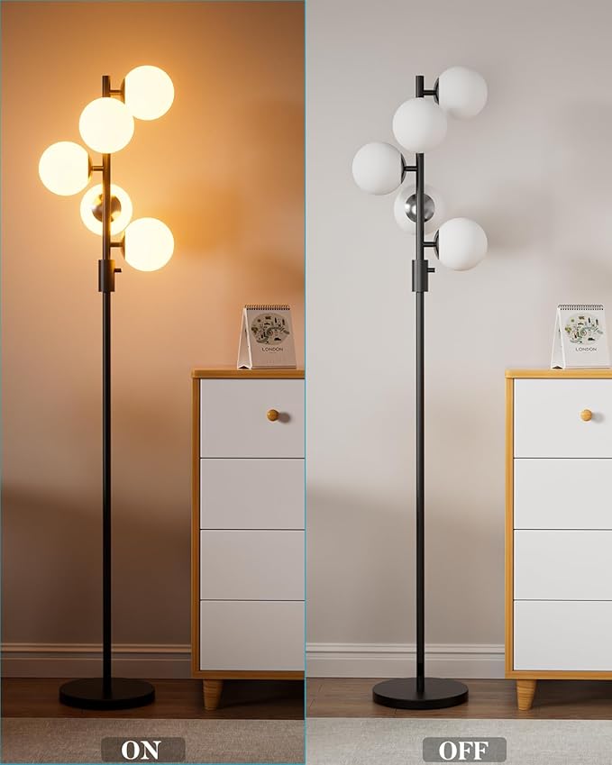 64IN Dimmable Black Floor Lamp, Tall Standing Lamps with 5 Globe Soft Warm White Eye Care 3000K G9 Bulbs, Mid Century Modern Floor Lamp with 5Lbs Heavy Base for Living Room Bedroom Office
