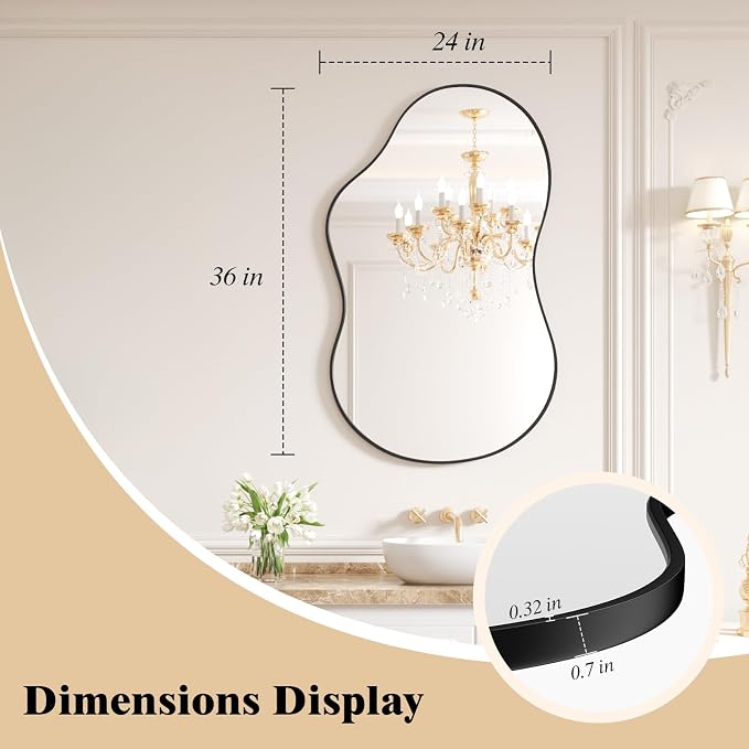 WEER Irregular Wall Mirror, 24x36 inch Black Asymmetrical Wall Mounted Mirrors Decorative, Abstract Wavy Aluminum Alloy Frame for Bathroom, Bedroom, Living Room, Entryway