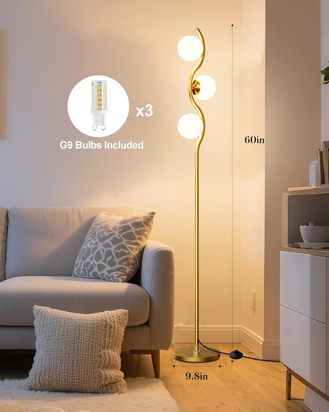 Lightdot Globe Floor Lamp for Living Room Mid Century Modern Floor Lamps with 3Pcs 3000K Soft Warm White Bulbs Included Gold Standing Lamp with 5Lbs Heavy Base for Bedroom/Sofa Beside/Corner Decor