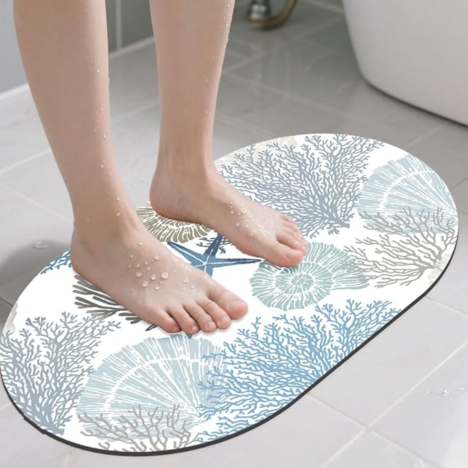 Bathroom Rug Mat Marine Sea Shells Stars Oval Bath Mat Doormat Absorbent Quick Dry Non Slip Diatom Mud Mat for Shower Tub Sink Laundry Kitchen Doorway 23.6x15.7 Inches