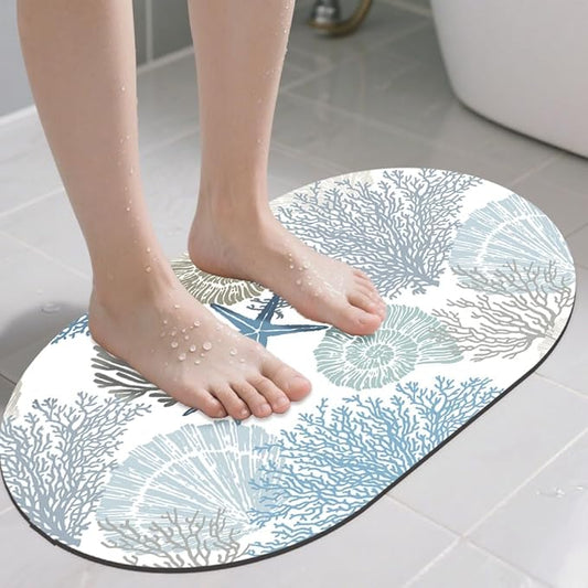 Bathroom Rug Mat Marine Sea Shells Stars Oval Bath Mat Doormat Absorbent Quick Dry Non Slip Diatom Mud Mat for Shower Tub Sink Laundry Kitchen Doorway 23.6x15.7 Inches