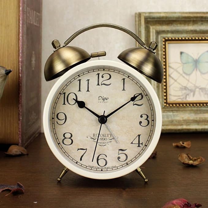 Maxspace 4 Inch Twin Bell Alarm Clock, Retro Analog Alarm Clock Silent Non-Ticking Quartz with Nigh Light, Small Desk Clock for Bedside Table, Battery Operated (White)