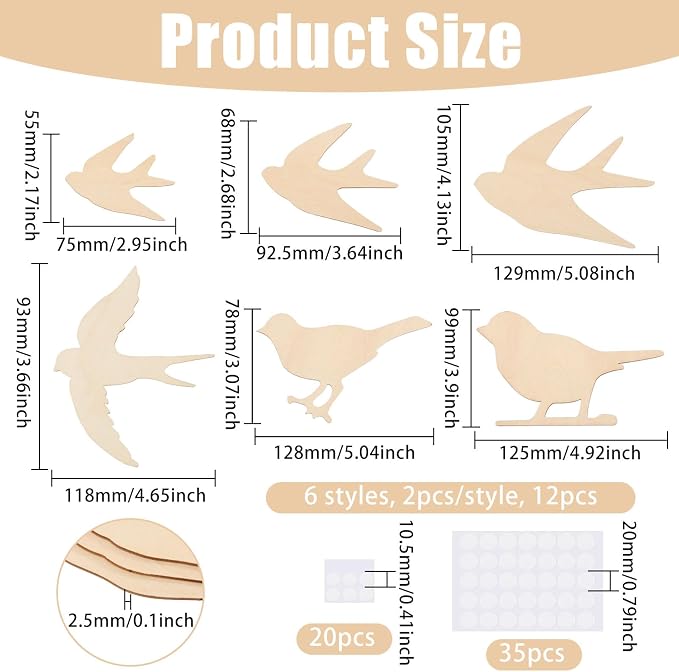 CONCHLERY 12 Pcs 3 Style Wooden Flying Birds Wall Decor Wood Wall Hanging Decoartion for Home Living Room Bathroom Bedroom Kitchen