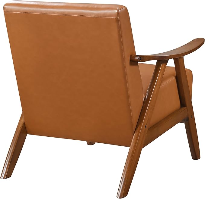 Lexicon Mid Century Modern Accent Chair with Solid Wood Frame in Walnut Finish, Faux Leather Living Room Lounge Arm Chair, Thick and Comfy Innerspring Seat Cushion, Brown