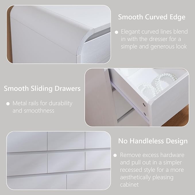 Modern 7 Drawers Dresser for Bedroom, 47" Wide Wood Dressers & Chests of Drawers w/Curved Profile Design, Mid Century Modern Dresser w/Natural Texture for Bedroom, Living Room,Antique White