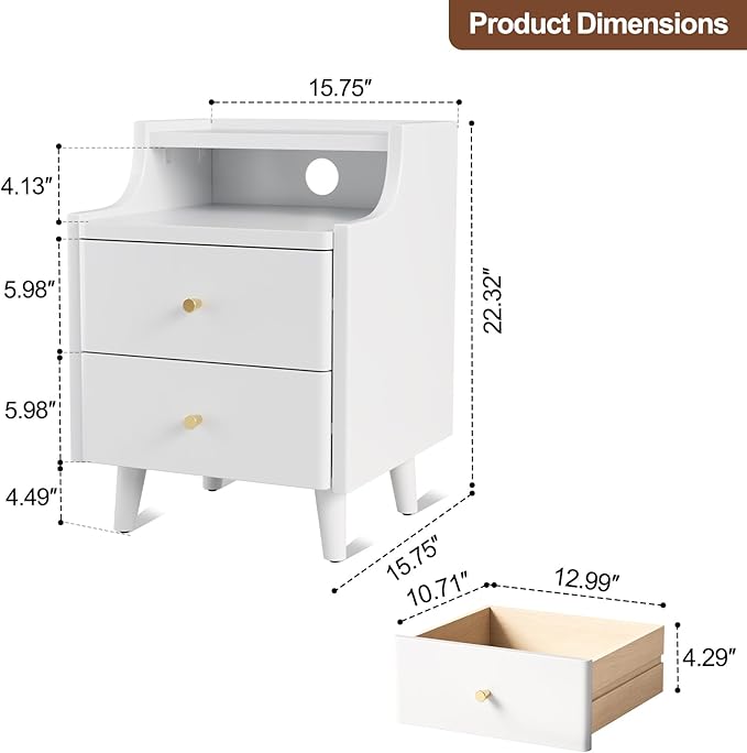 Narrow Nightstand with 2 Drawers,White Nightstand,Bedside Table,Solid Wood Modern Bedside Table for Bedroom,Study,Toilet