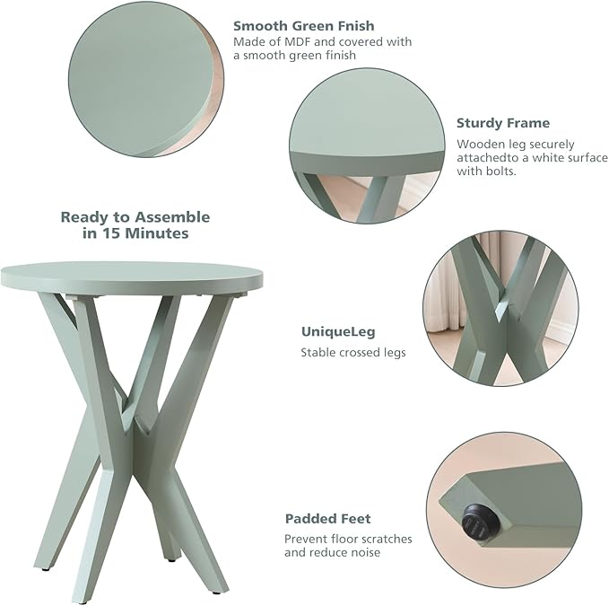 Modern Round End Table with Crossed Legs, Unique Small Green Side Table, Outdoor Accent Table, Easy Assembly Bedside Table for Living Room, Balcony, Small Spaces