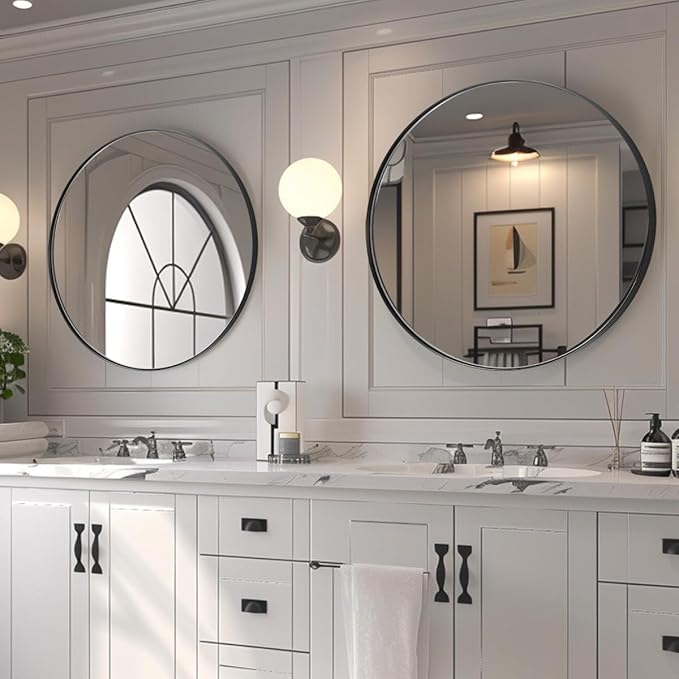 ANDY STAR Round Wall Mirror, 26" Black Round Mirror Metal Framed, Modern Metal Frame Bathroom Vanity Mirror (Matte Black Finish)