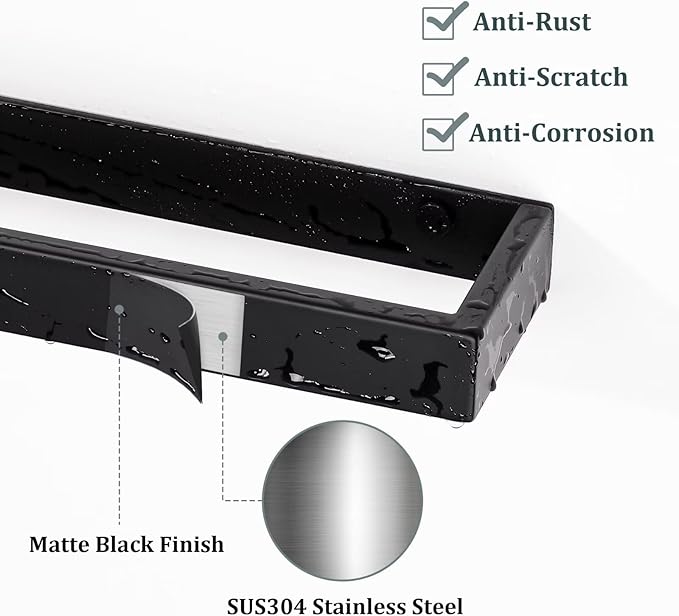 Sayayo Matte Black Towel Bar for Bathroom, 12 Inch Hand Towel Holder Wall Mount, Screw or Self Adhesive Towel Ring Square SUS304 Stainless Steel, 3.2 Inch Wide