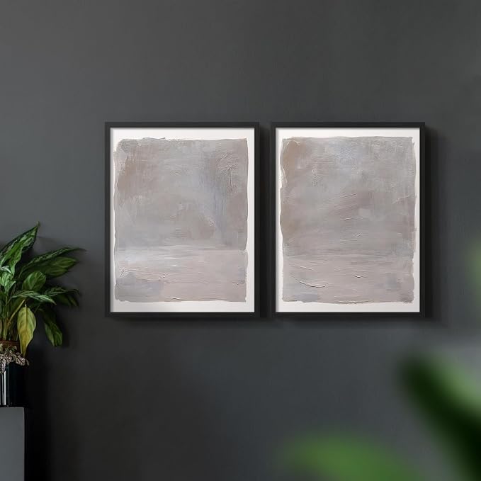 Renditions Gallery Set of 2 Peel & Stick Framed Prints, Watercolor Abstract Wall Art, Neutral Tones Textured Brushstrokes Wall Decor, Re-Stickable - Ready to Hang - 16"x20" - Black Frame LT588