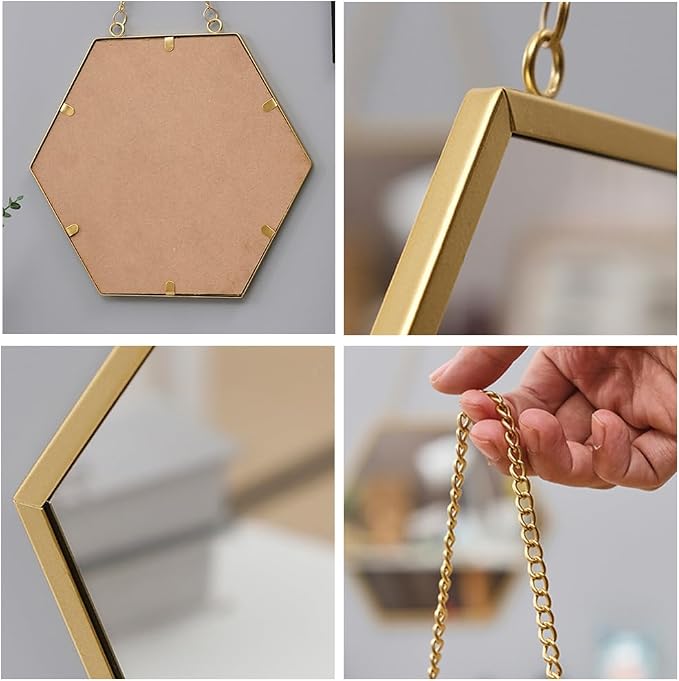 Gold Mirrors for Wall - 2pcs/Set Metal Hexagon Mirror Room Decor & Home Decor Decorative Hanging Boho Mirror Wall Decor for Bedroom Living Room Entryway (Hexagonal)