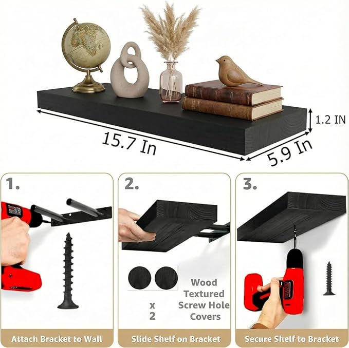 IAE Floating Wall Shelves 16 inch,Bathroom Shelving Wall Mounted,Invisible Shelf Floating Kitchen Shelves,Wooden Wall Shelf with Brackets for Living Room Wall Mounted,Easy Install,Set of 2,Black