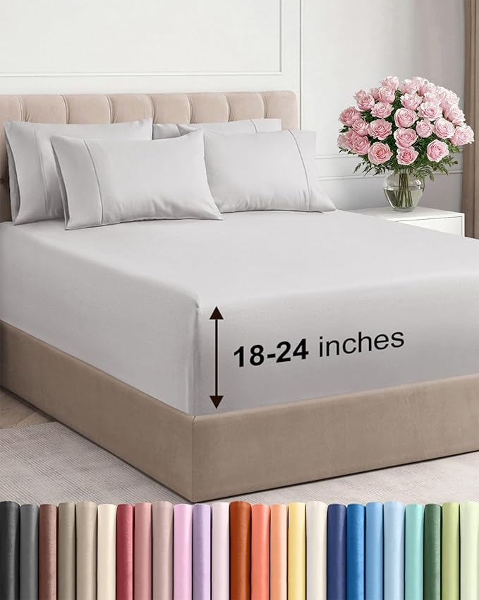 Extra Deep Cal King Sheet Set - 6 Piece Breathable and Cooling Sheets - Hotel Luxury Bedding for Women, Men, Kids & Teens - Easy Secure Fit - Soft and Wrinkle Free - Extra Deep Pockets - French Grey