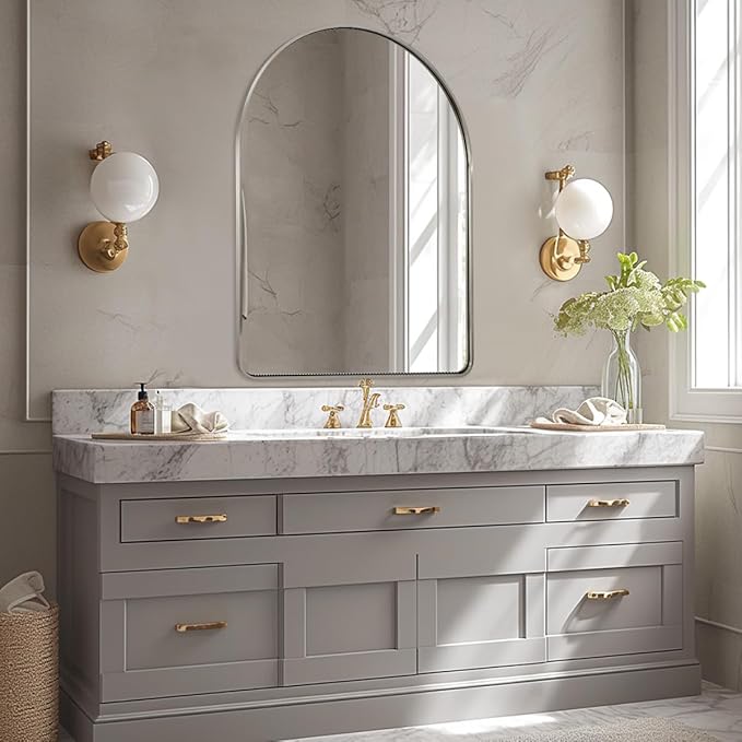 ANDY STAR 30x40’’ Brushed Nickel Arched Mirror, Brushed Silver Arched Bathroom Mirror, Arched Vanity Mirror for Wall, SUS304-Anti-Rust, Tube Frame, Wall-Mounted Vertical 1’’ Deep