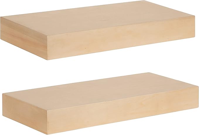 Kate and Laurel Havlock Modern Natural Floating Shelves; Set of 2; 18 x 8; Natural Wood; Mid-Century Bathroom and Kitchen Shelves for Storage and Display Decor