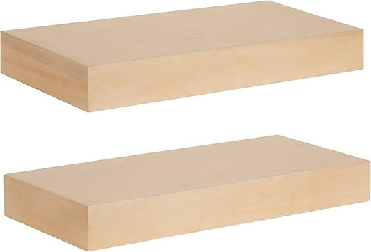 Kate and Laurel Havlock Modern Natural Floating Shelves; Set of 2; 18 x 8; Natural Wood; Mid-Century Bathroom and Kitchen Shelves for Storage and Display Decor