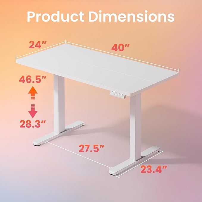 HUANUO Electric Standing Desk,40" x 24" Height Adjustable Desk, 4 Memory Height Settings, Sit to Stand Up Desk for Home Office, with Headphone Hook, Cable Manager, White