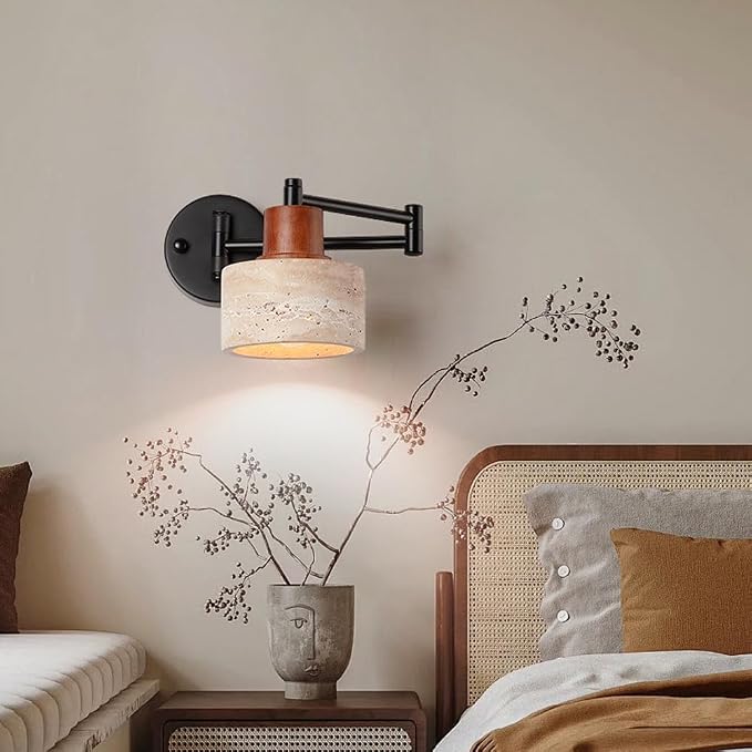 American Retro E27 Wall Sconce - Natural Yellow Travertine Swing Arm Lamp for Bedroom, Living Room, Study, and More