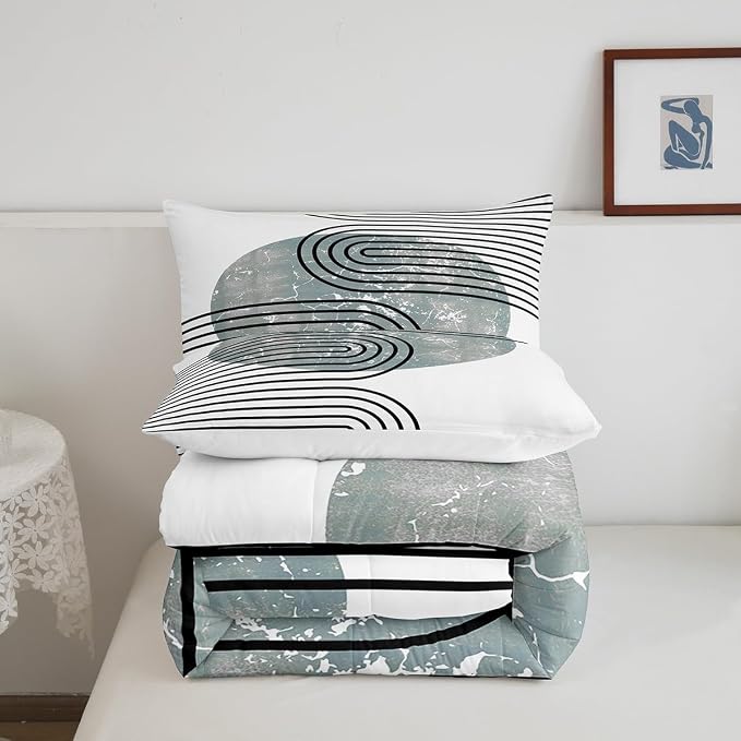 Erosebridal Mid Century Comforter Twin Modern Minimalism Bedding Set, Navy Blue Grunge Down Comforter Black Stripe Bed Set, Aesthetic Abstract Quilted Duvet 2pcs with 1 Pillow Case
