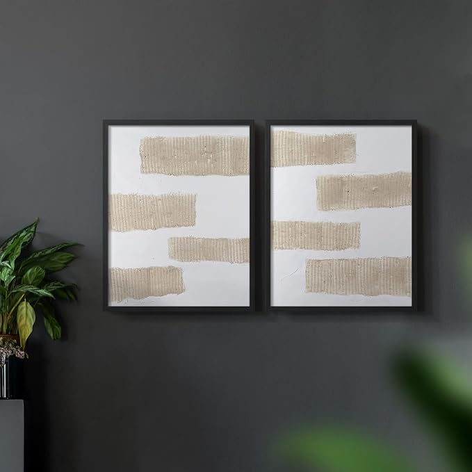 Renditions Gallery Set of 2 Peel & Stick Framed Prints, Modern Abstract Wall Art, Textured Brush Strokes Wall Decor, Re-Stickable - Ready to Hang - 8"x10" - Black Frame LT588
