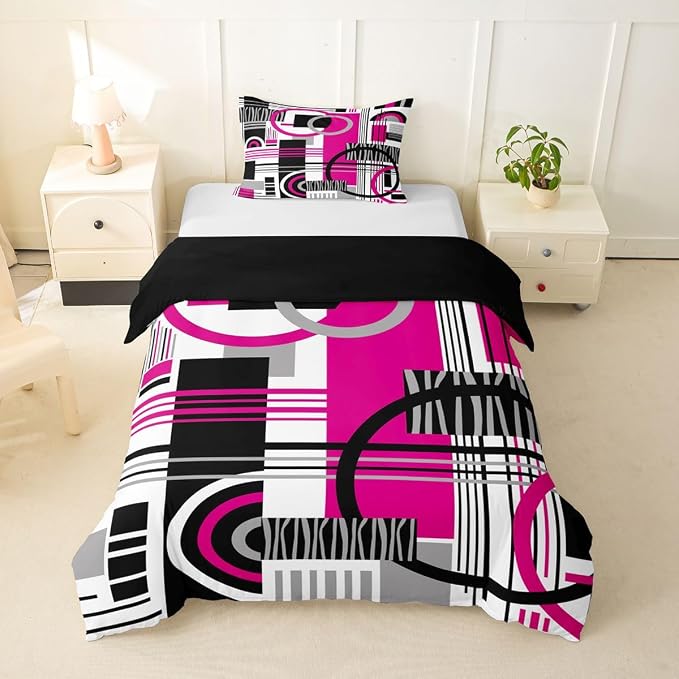 Erosebridal Art Deco Mid Century Duvet Cover Set Retro Modern Abstract Geometric Twin Bedding Sets for Girls Preteen Boys Black and White Hot Pink Circles Stripes Comforter Cover Contemporary Bed Set