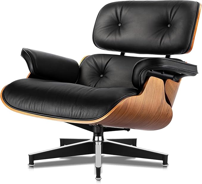 Mid Century Chaise Lounge Chair and Ottoman, Reading Chair, Leather Accent Chair, Modern Chair, Classic Design, Heavy Duty Base Support for Living Room Lounge Office (Walnut-Black, Upgraded)