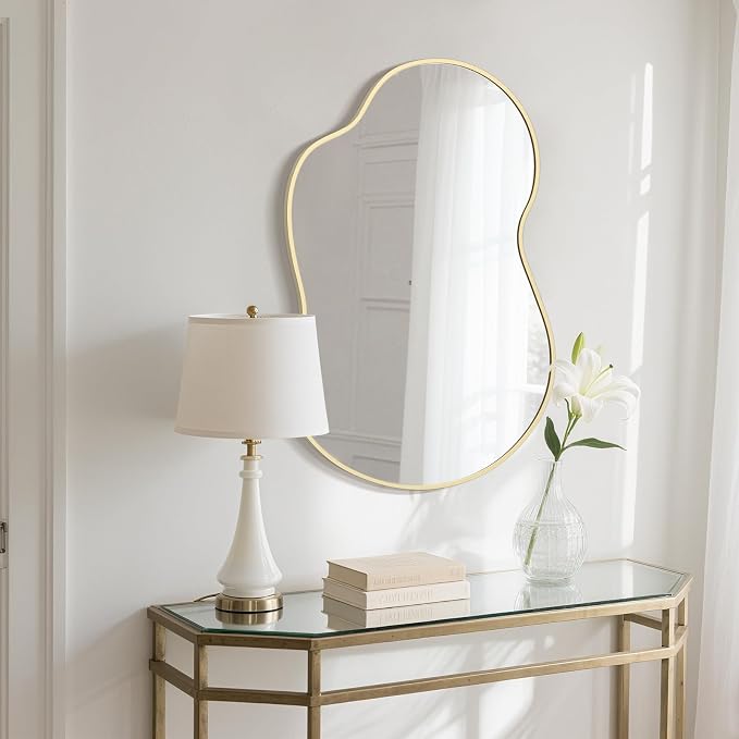 HOMECOOKIN 36" H x 24" W Irregular Wall Mirror, Asymmetrical Decorative Mirror with Gold Aluminum Frame, Wavy Abstract Gold Mirror, for Living Room, Bedroom, Bathroom, Entryway, Cloakroom