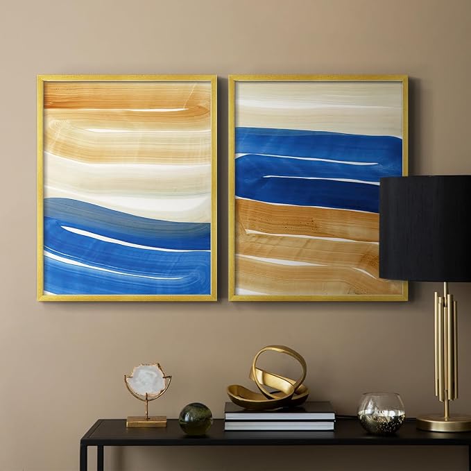 Renditions Gallery Set of 2 Peel & Stick Framed Prints, Abstract Wall Art, Blue and Gold Wave Textured Background Wall Decor, Re-Stickable - Ready to Hang - 8"x10" - GOLD Frame LT588