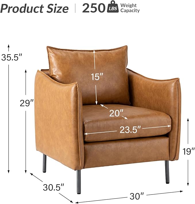 HULALA HOME Leather Armchair, Modern Faux Leather Accent Armchair Upholstered Living Room Chairs with Moveable Cushion for Living Room, Office, Reading, Customer Reception, Camel