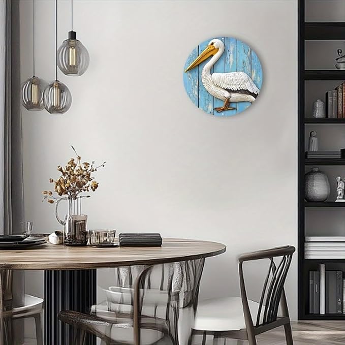 Aluminum Pelican Wall Decor Sign 8"x8" Waterproof Classic Style Faux Wood Carved Round Metal Art for Indoor OutdoorPatio DecorationIdeal for Spring Garland Accents.