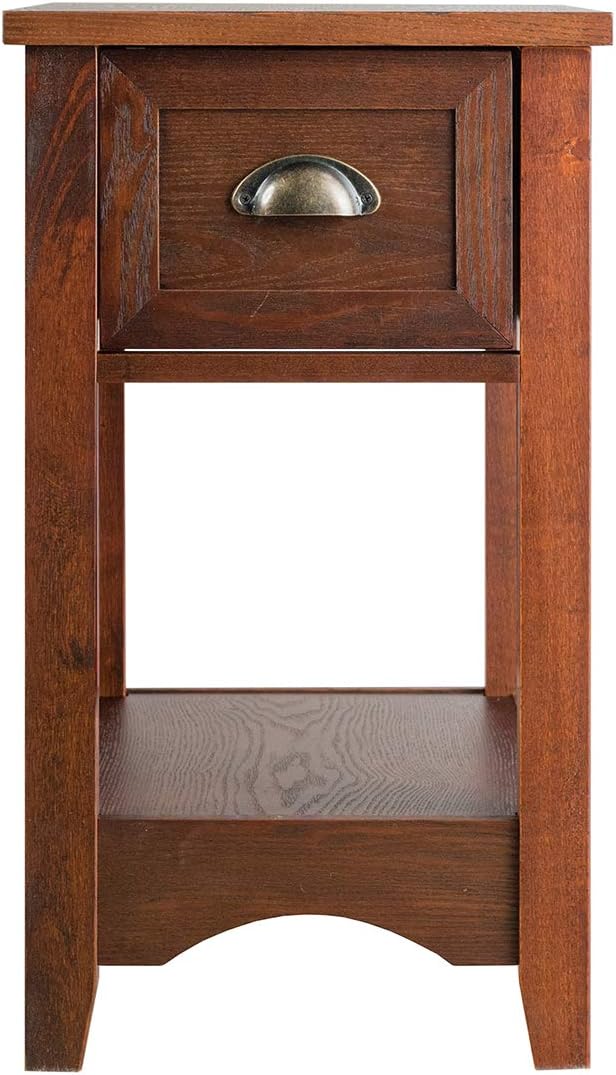 KOTEK End Table with Drawer and Open Shelf, Retro Narrow Side Table Nightstand w/Solid Wood Legs, Slim End Table for Small Space, Living Room, Bedroom, Home Office (Set of 2, Walnut)