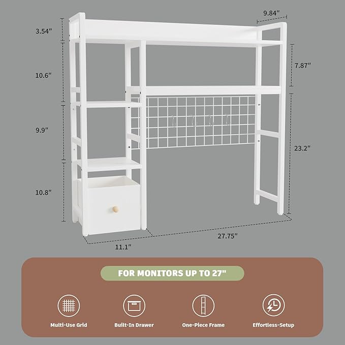 Desk Shelf,Computer Desktop Storage Rack,4 Tier Desk Organizer with Pegboard Hooks Set,Wood Desktop Bookshelf for Home Office Dorm,Office Desk Bookshelf with a Woven Drawer,White
