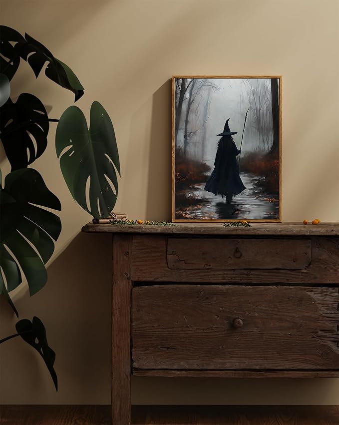ARPEOTCY Vintage Framed Canvas Wall Art, 12x16 Inch Spooky Witch Halloween Wall Art for Living Room Bedroom Gallery, Dark Academia Bathroom Wall Art Decor Aesthetic
