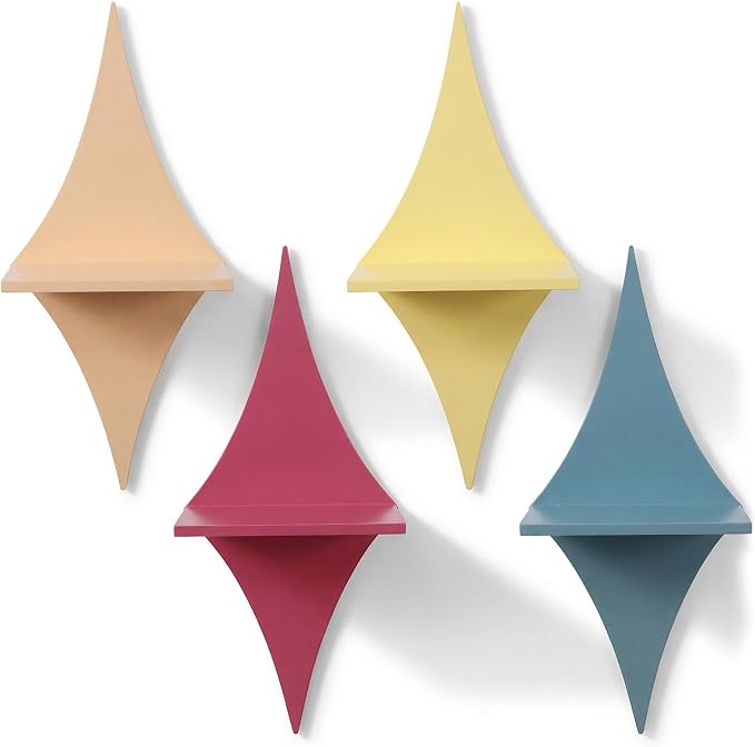 4 PCS Floating Wood Shelves Star Shaped, 13.8 X 5.9 Inch Mid Century Wall Decor Retro Small Wall Shelves Hanging Storage Sign Decoration for Bedroom, Living Room, Bathroom, Office Decor