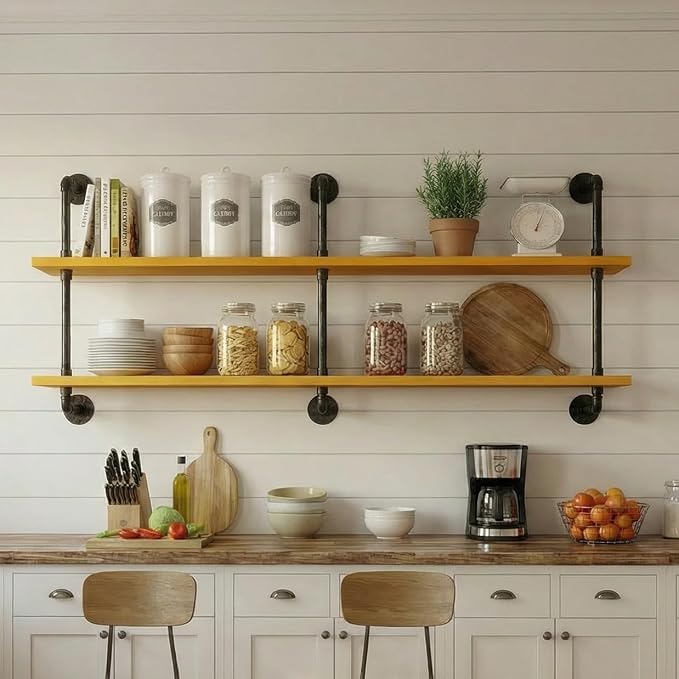 HDDFER Industrial Pipe Shelving Rustic Floating Bookshelf for Living Room 60 Inch Wall Mounted Bookshelf Pipe Shelves with Wood Planks Industrial Floating Shelves Farmhouse Kitchen Shelving