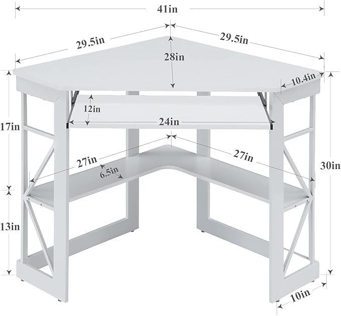 VECELO Corner Computer Desk 41 x 30 inches with Smooth Keyboard & Storage Shelves for Home Office Workstation, White