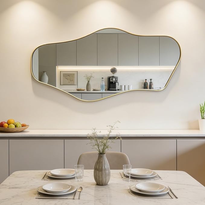 Irregular Wall Mirror, 47"x25" Asymmetrical Aesthetic Mirror with Gold Metal Frame, Modern Organic Shape Mirrors for Entryway Living Room Bedroom Hallway, Horizontal or Vertical Hanging