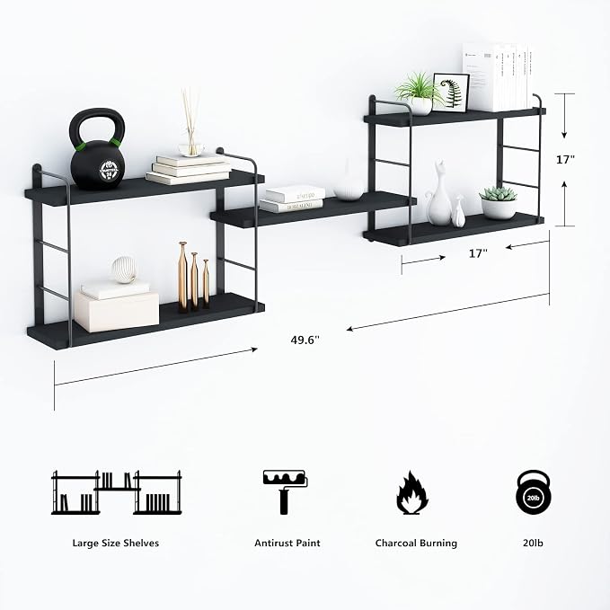 MXCSE Wall Shelves, Wall Mounted Bookshelves, DIY Floating Shelves for Wall, Wood Hanging Book Shelves for Room, Bedroom, Living Room, Easy Installation (Black, 50W x 17H)
