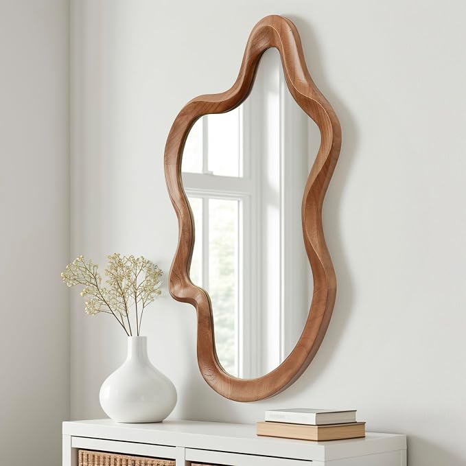 sawsile Irregular Wall Mirror,21""x 32""Asymmetrical Mirror Wood,Wooden Framed Wall Mirror,Modern Large Vanity Bathroom Mirror,Walnut Wavy Mirror for Entryway,Bedroom,Living Room,Washroom, Brown a