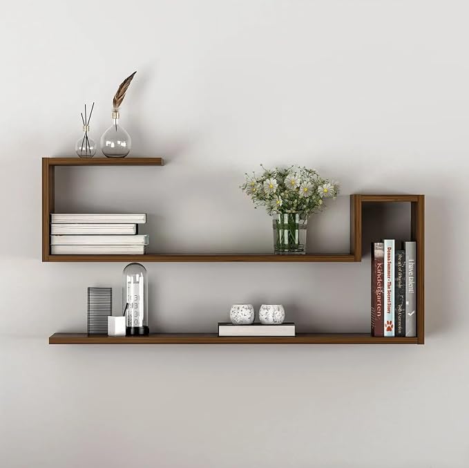 Geometric Wall Shelf: Modern MDF Floating Bookshelf (Walnut)