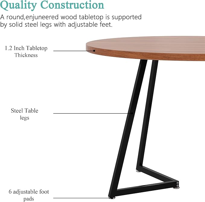 VECELO 35" Round Dining Table for 4, Wood-Grain Tabletop & Heavy-Duty Steel Frame, for Kitchen, Living Room, Easy Assembly, Walnut
